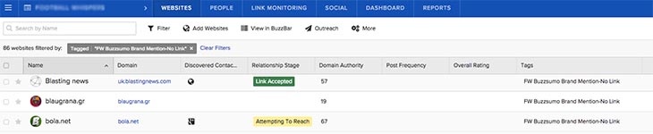 A screenshot of the BuzzStream tool