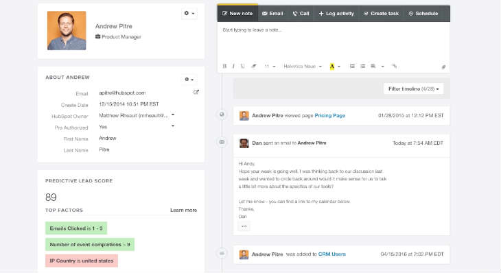 A screenshot of HubSpot's CRM
