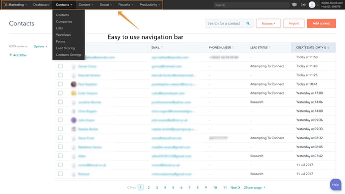 A screenshot of HubSpot CRM's navigation menu