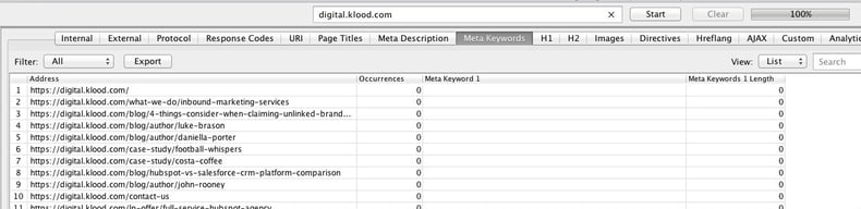 A screenshot from Screaming Frog