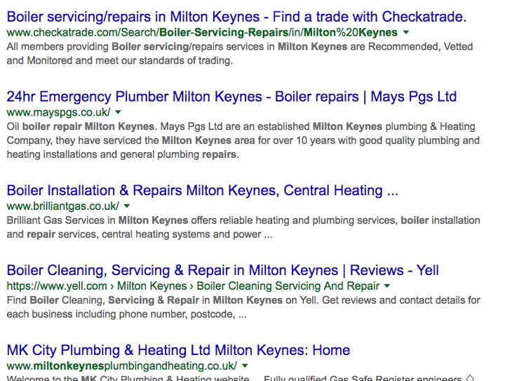 Organic listings in Google search results