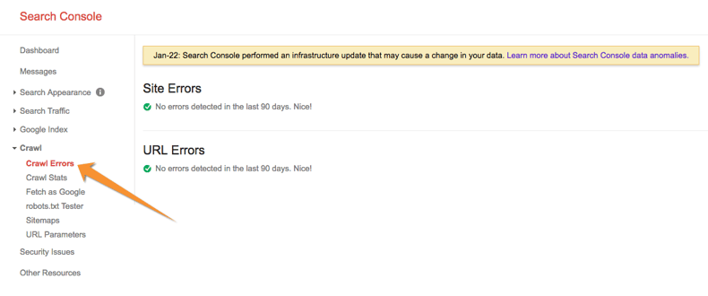 List of crawl errors in Google Search Console