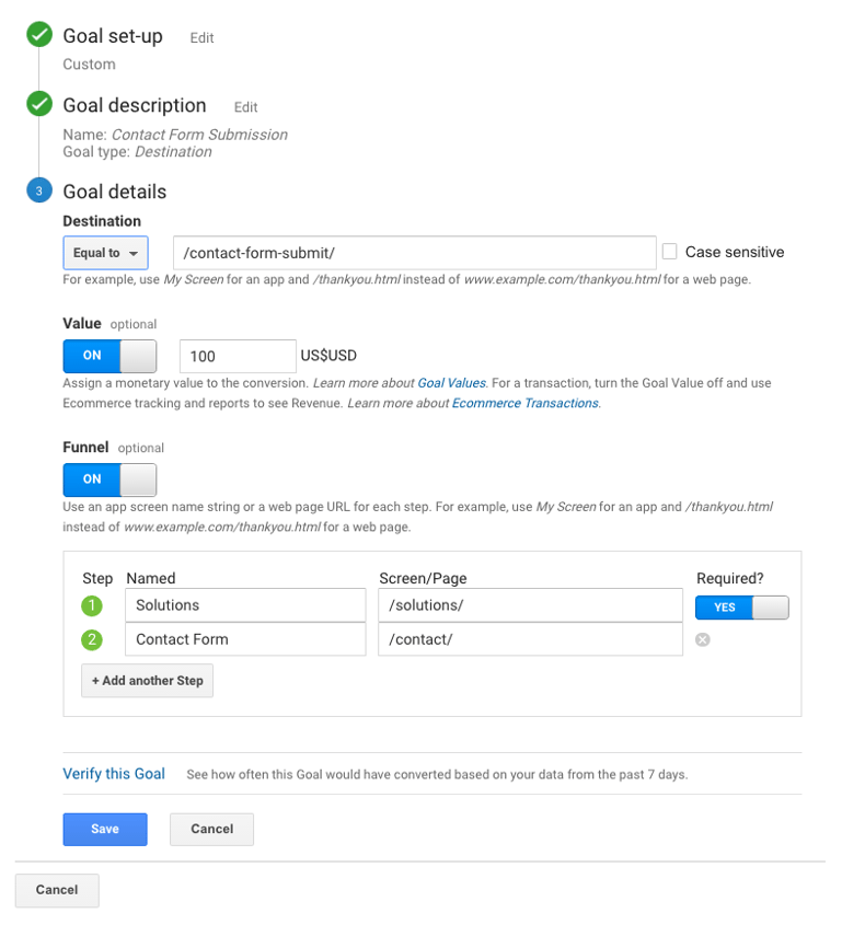 Google Analytics goal details