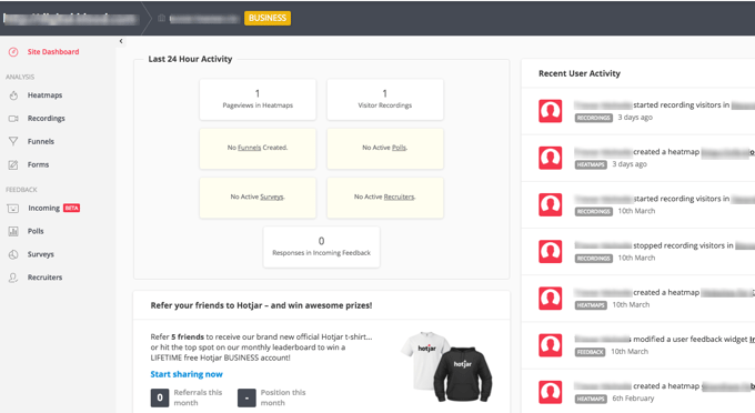 The Hotjar dashboard